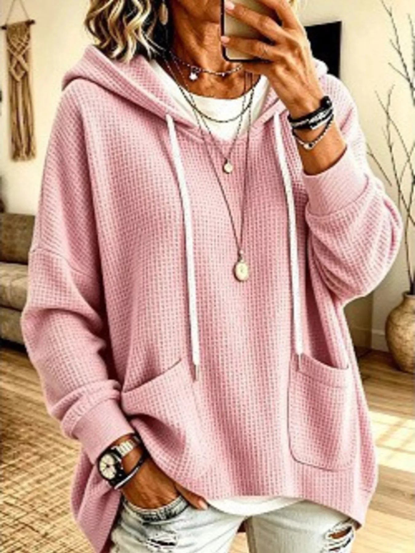 Full Size Waffle Knit Hoodie with Pockets Plus Size