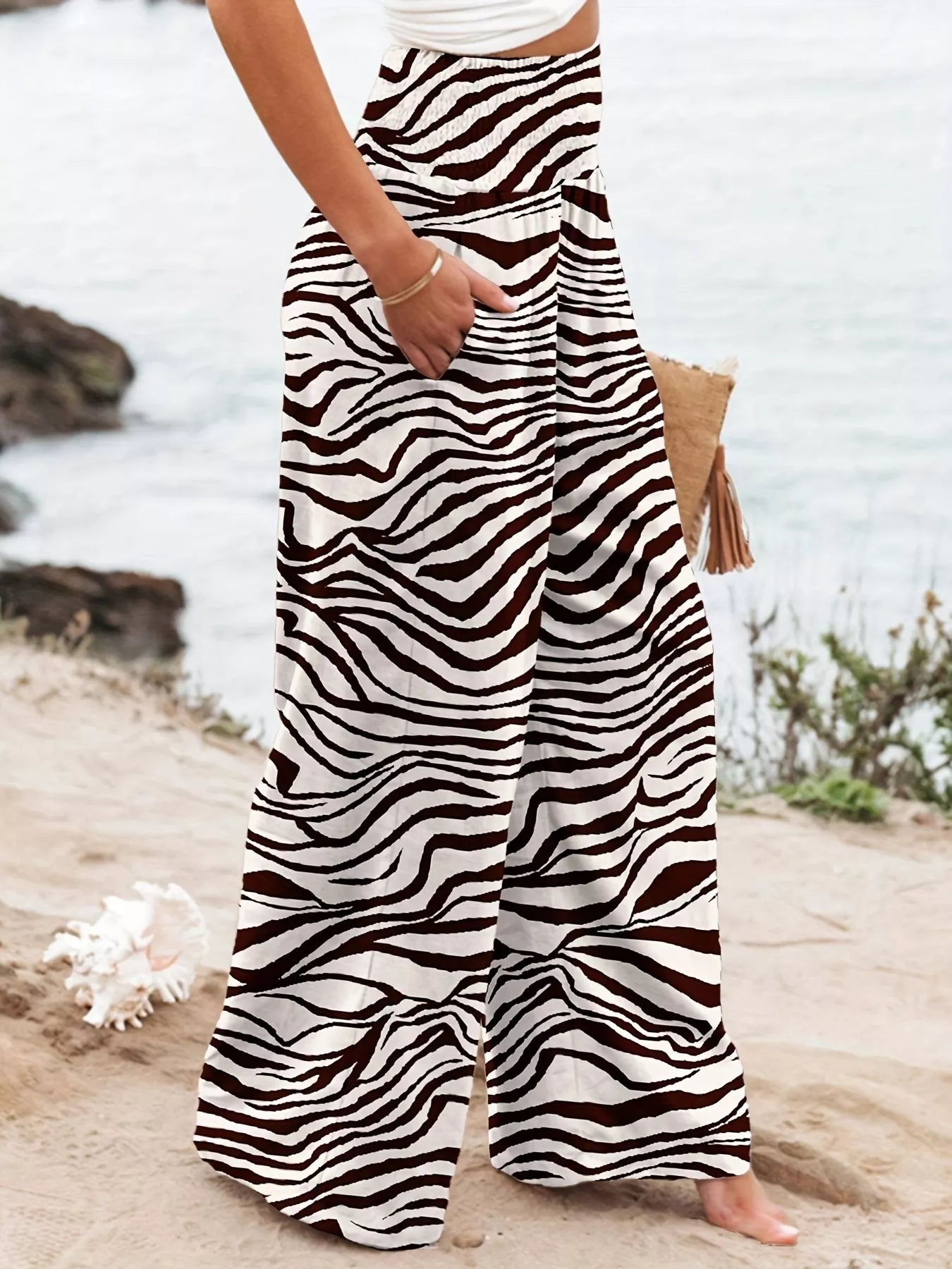Plus Size Zebra Print High Waist Wide Leg Pants