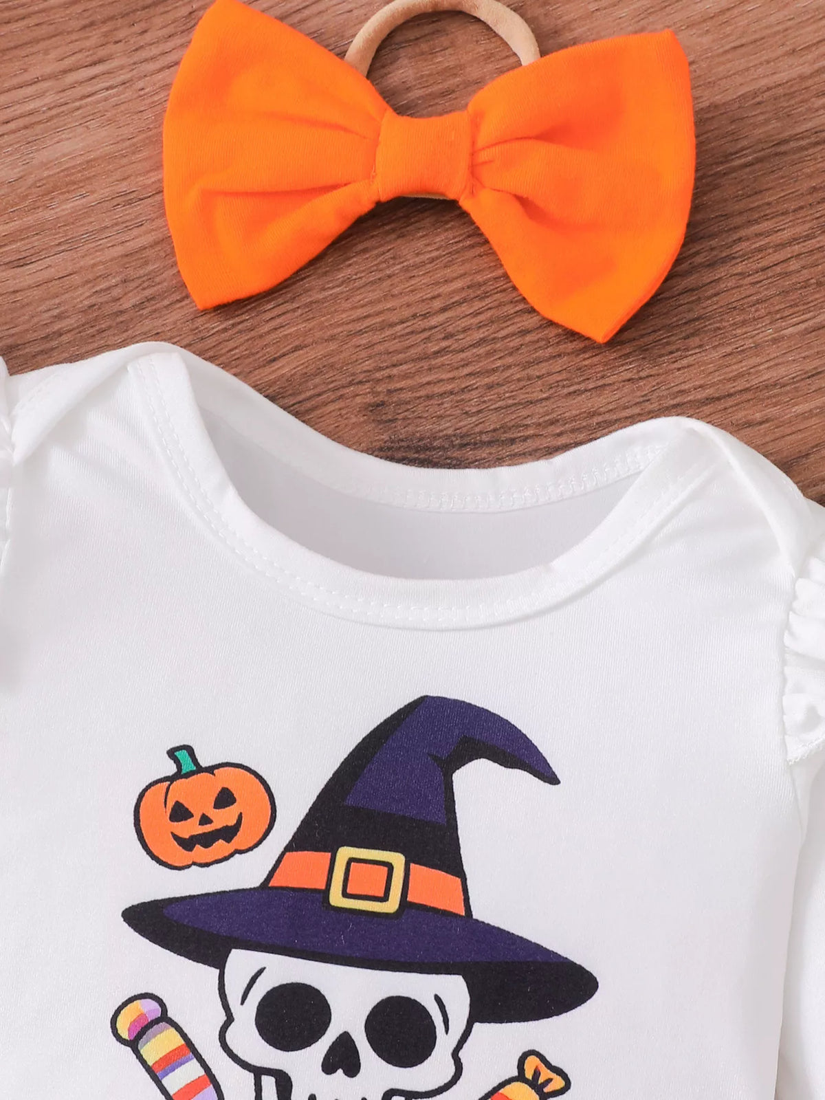 Children's Halloween Skull Print Long Sleeve Bodysuit and Pants Set with Bow Headband