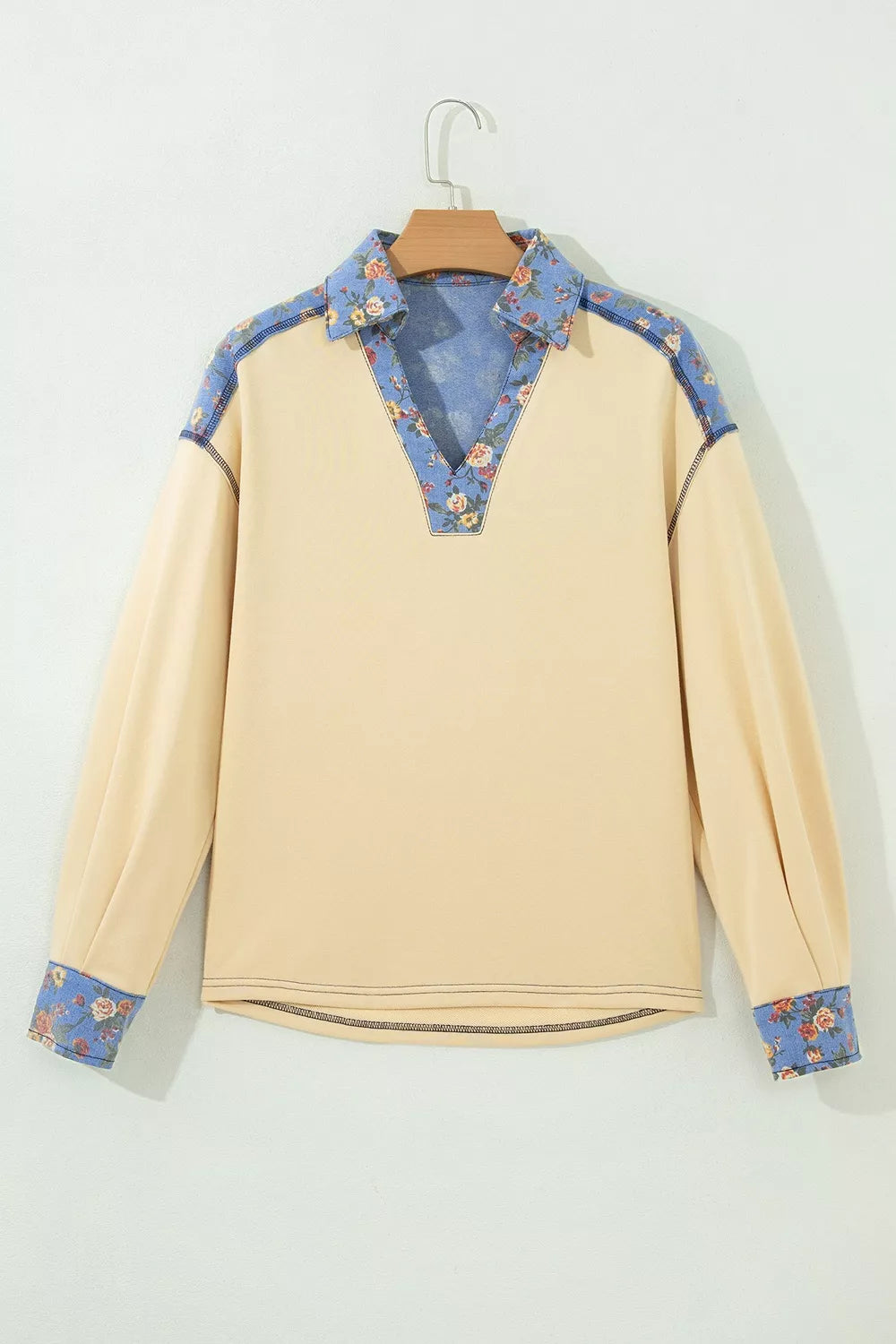 Floral Denim Patchwork Collar V Neck Long Sleeve Pullover Top