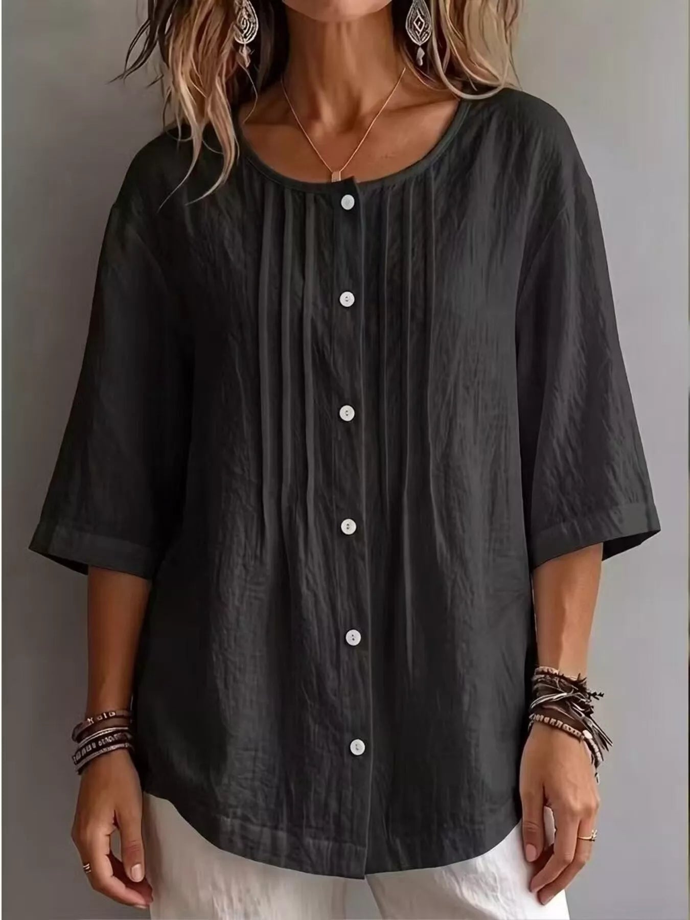 Full Size Texture Round Neck 3/4 Sleeve Blouse Plus Size