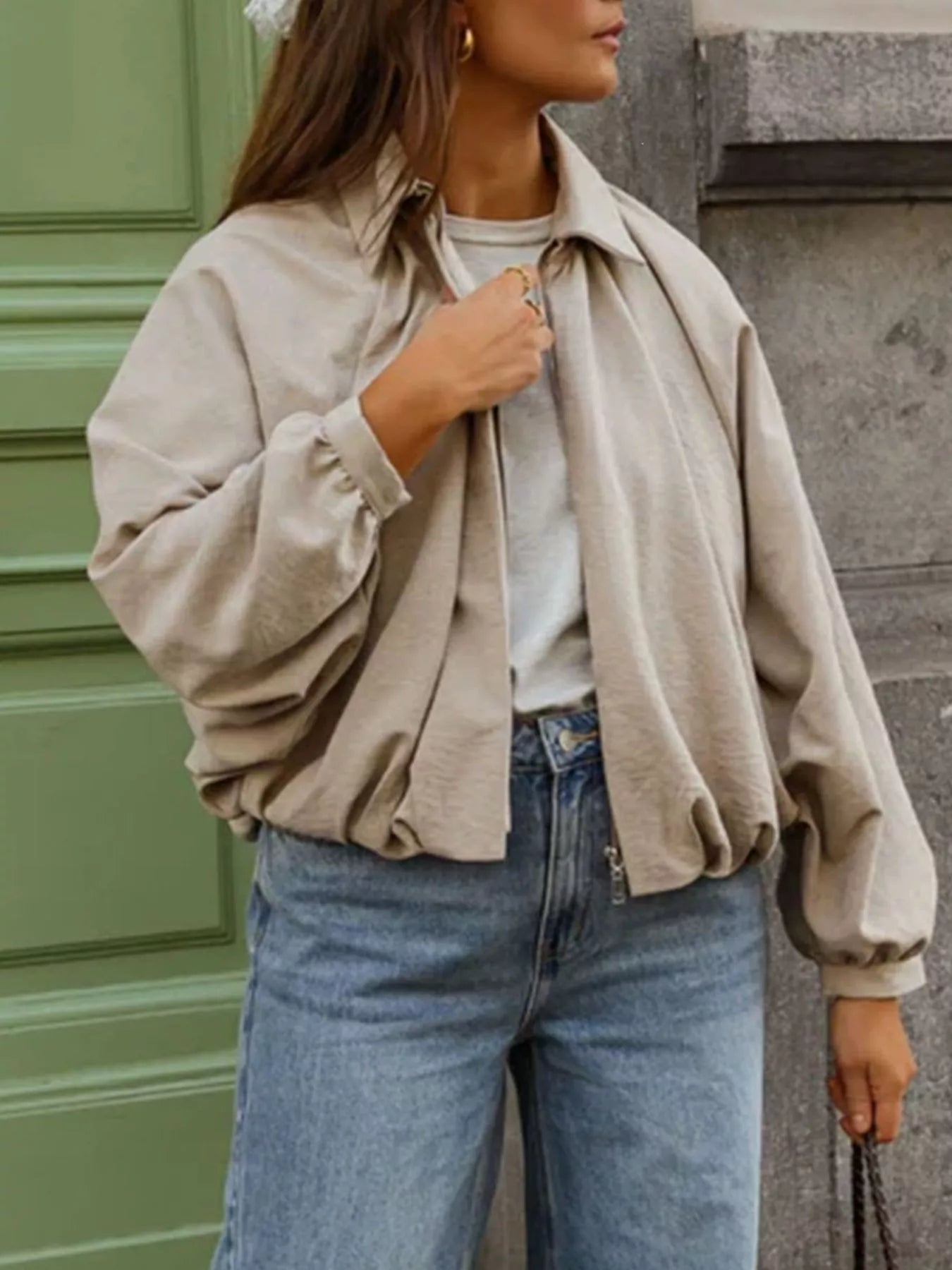 Zip Up Long Sleeve Bomber Jacket