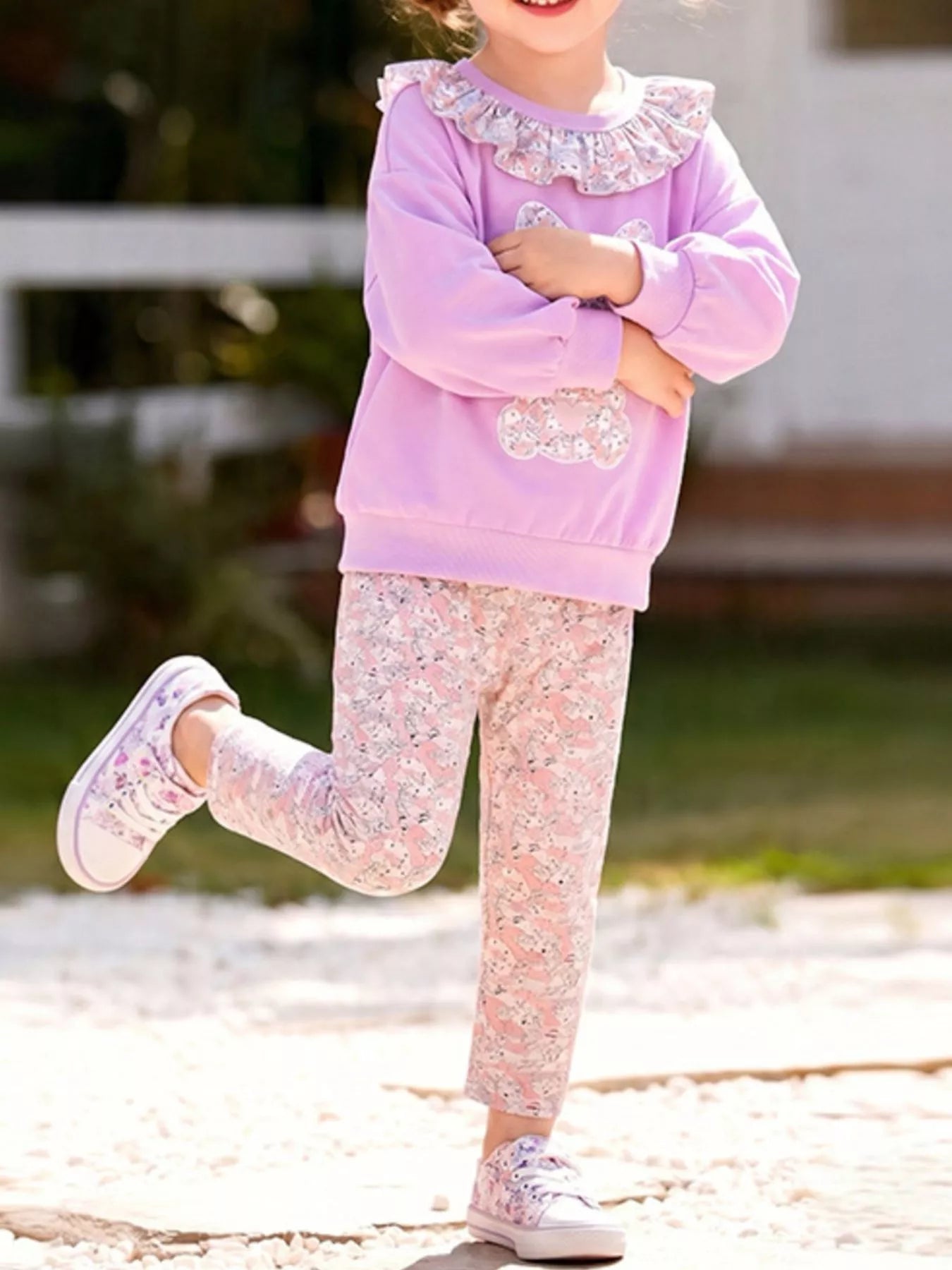 Children's Floral Print Bunny Sweatshirt and Pants Set