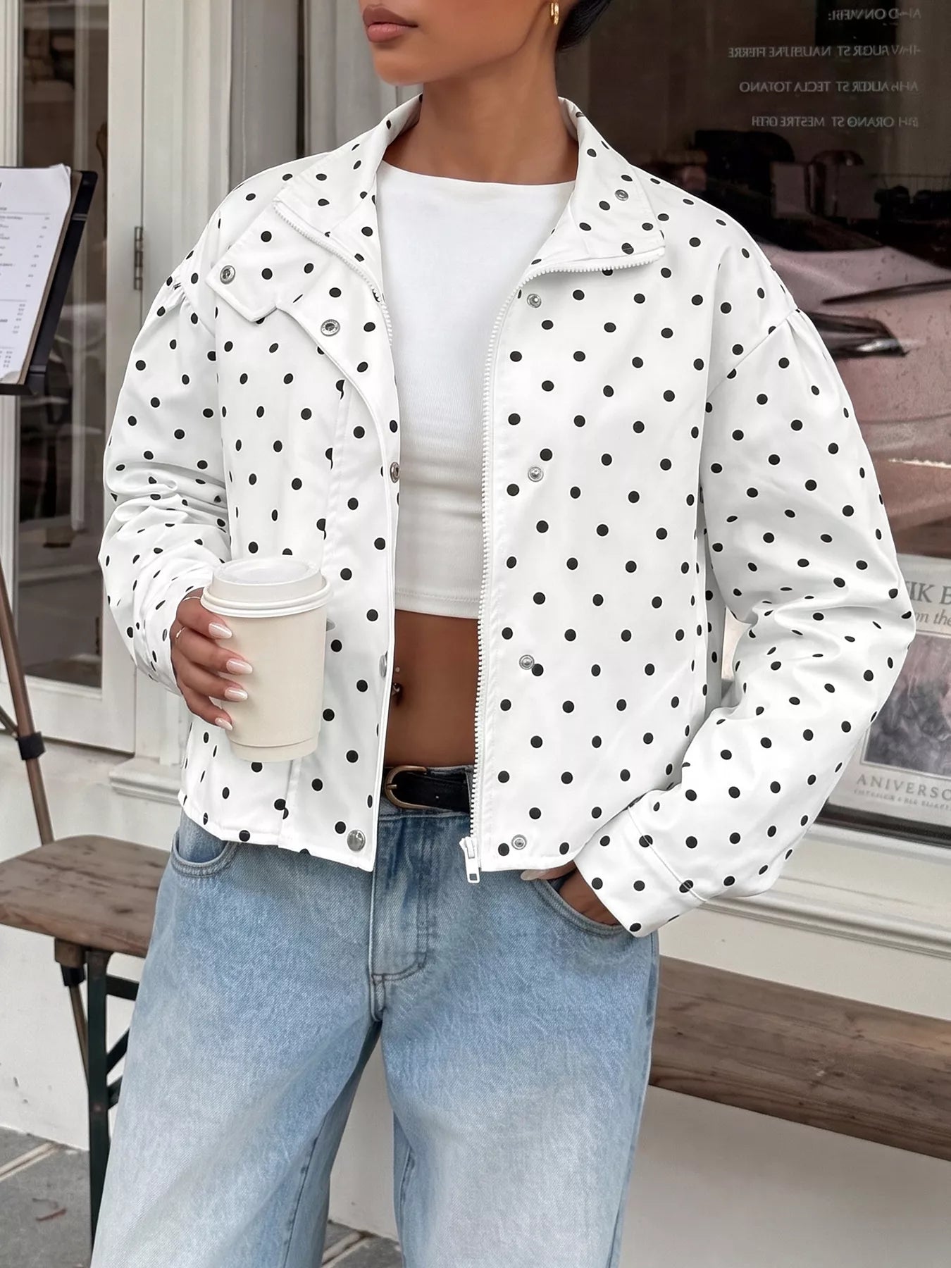 Polka Dot Zip Up Cropped Jacket