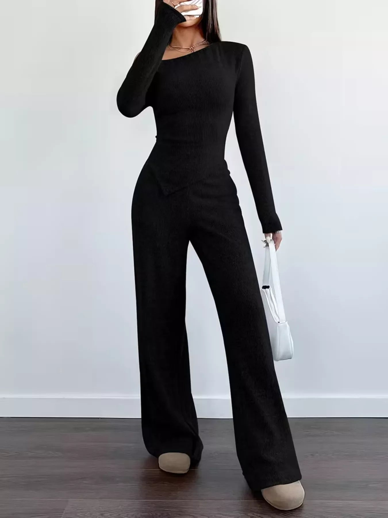 Chic One-Shoulder Asymmetrical Top and Wide-Leg Pants Set