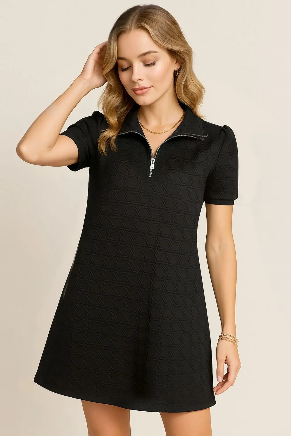 Oh Textured Quarter Zip Short Sleeve Dress