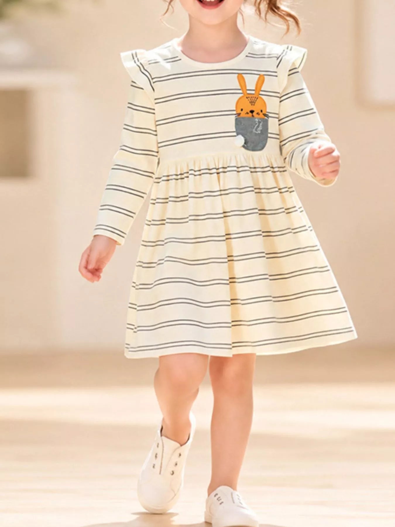 Children's Striped Long-Sleeve Dress with Rabbit Pocket Detail