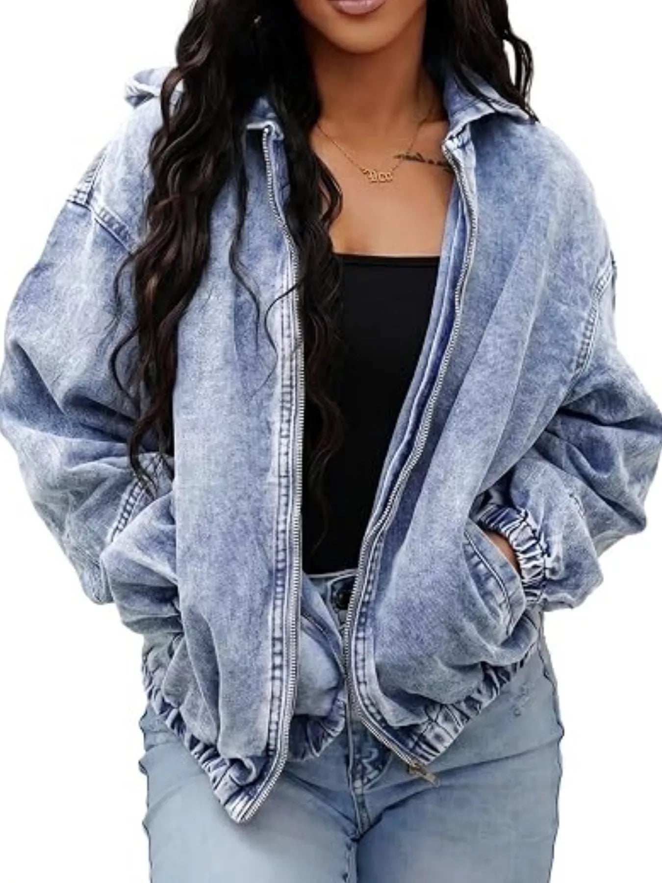 Vintage Washed Zip Up Hooded Denim Jacket