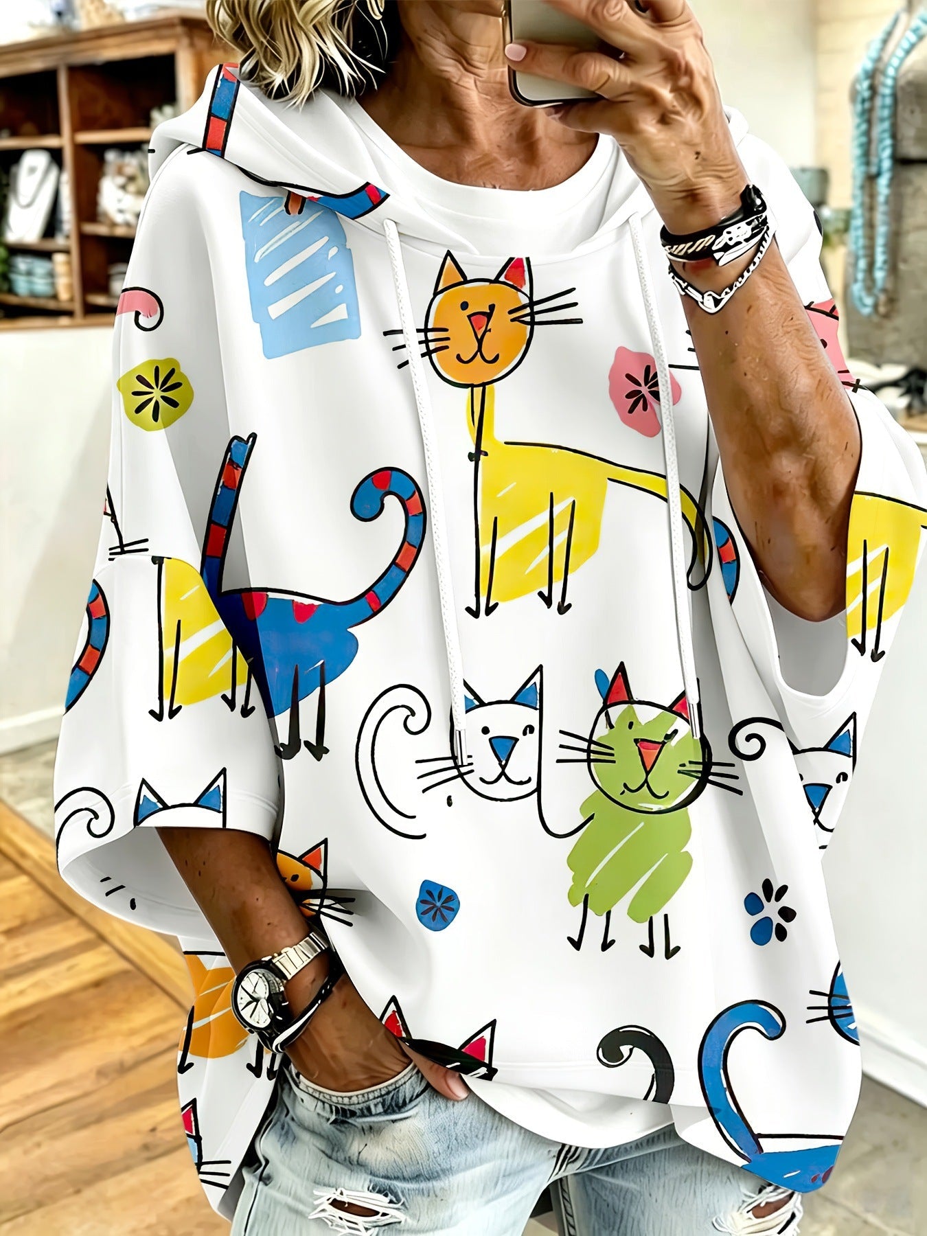 Cartoon Cat Print Hoodie with 3/4 Sleeves & Drawstring