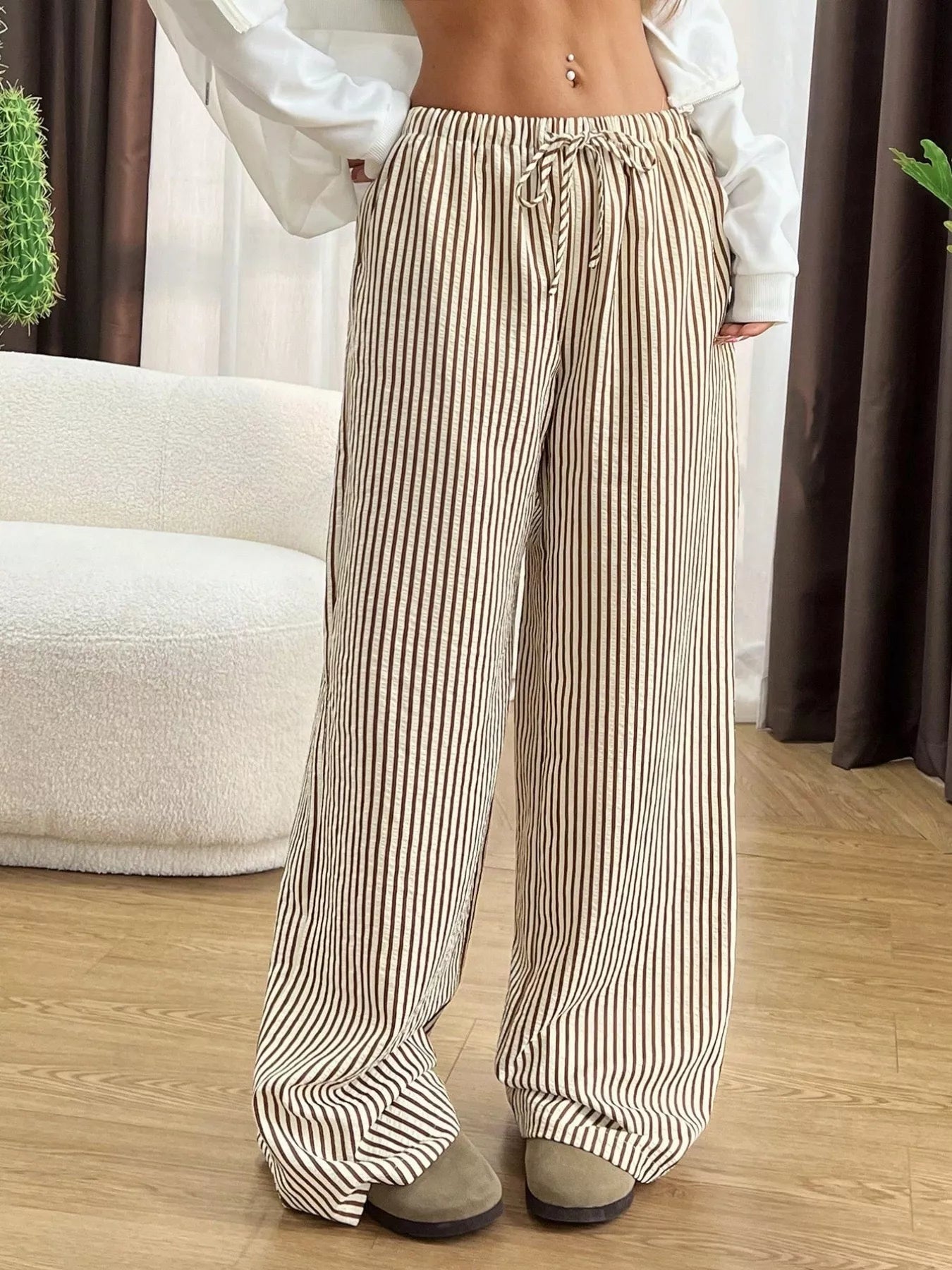 Full Size Striped Drawstring Waist Wide Leg Pants Plus Size