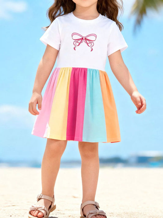 Children's Color Block Bow Short Sleeve Dress