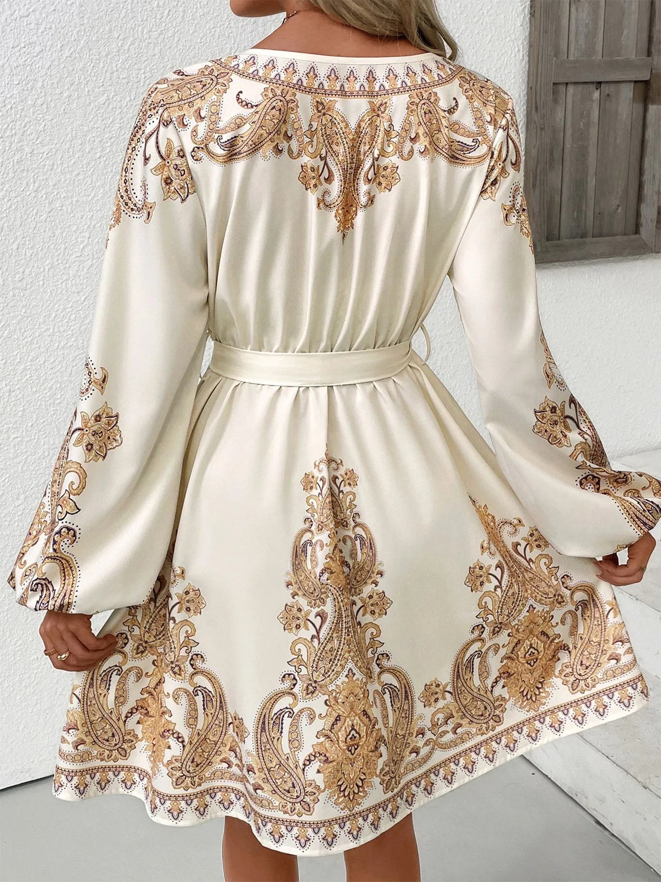 Printed Tie Waist Long Sleeve Dress