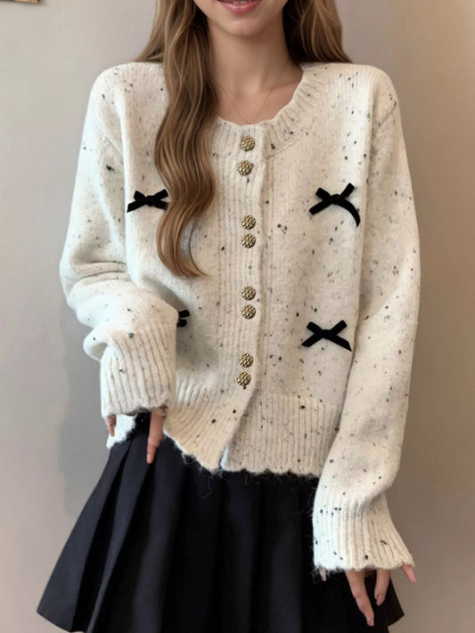 Bow Button Up Ribbed Hem Cardigan