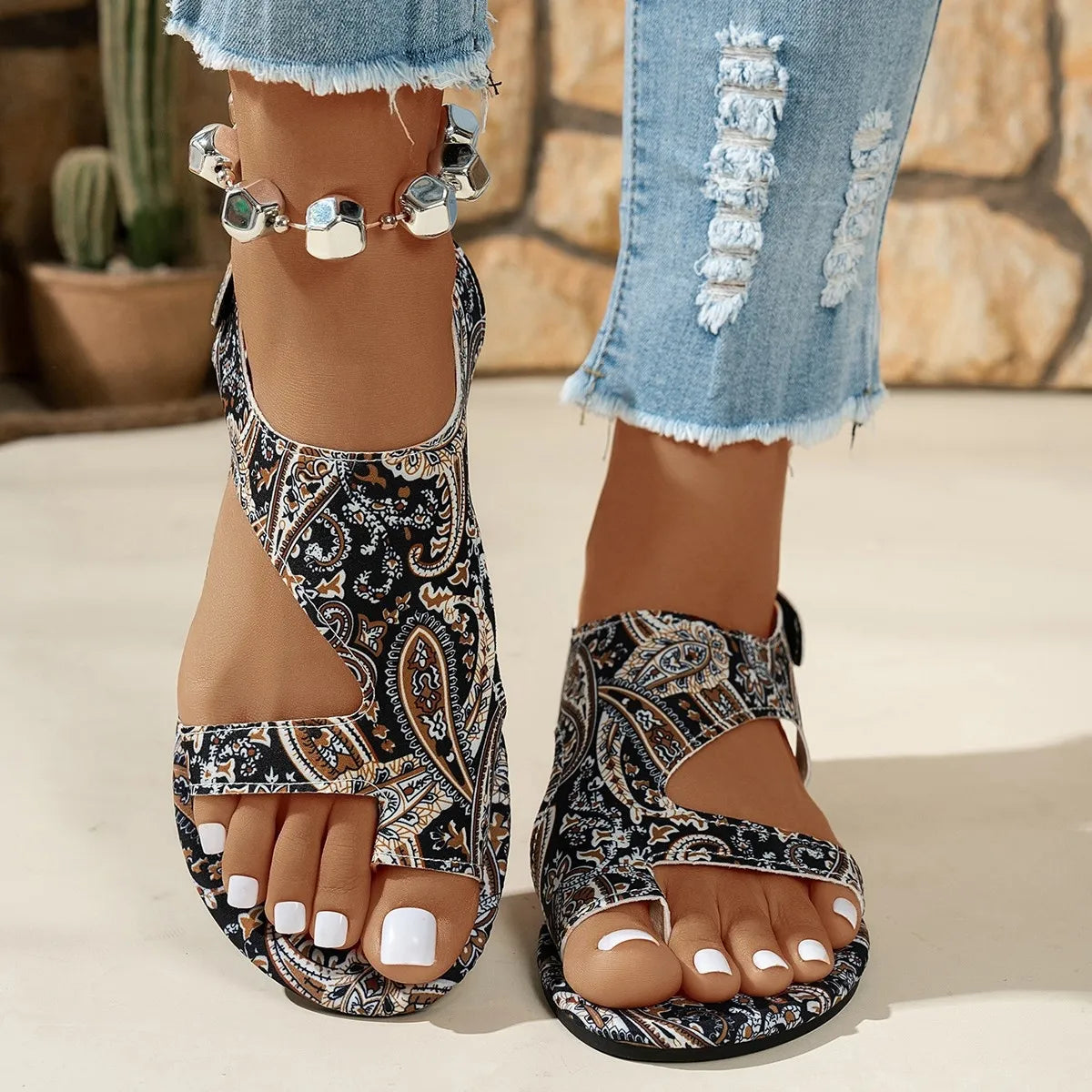 Cutout Printed Flat Sandals