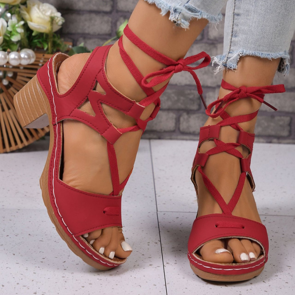 Lace-Up Block Heel Sandals