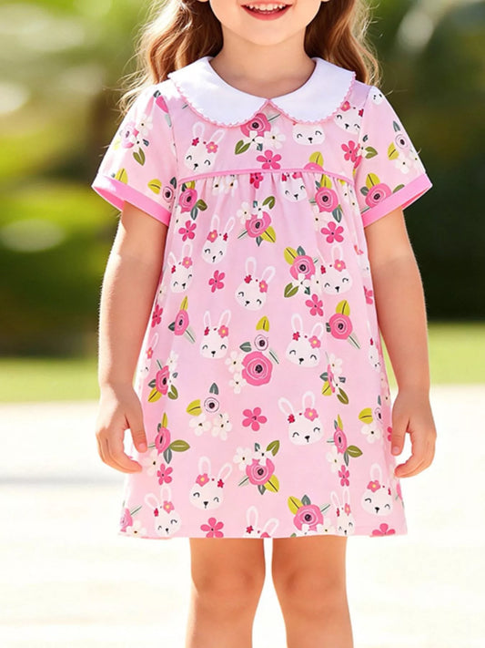 Children's Bunny & Floral Print Peter Pan Collar Dress