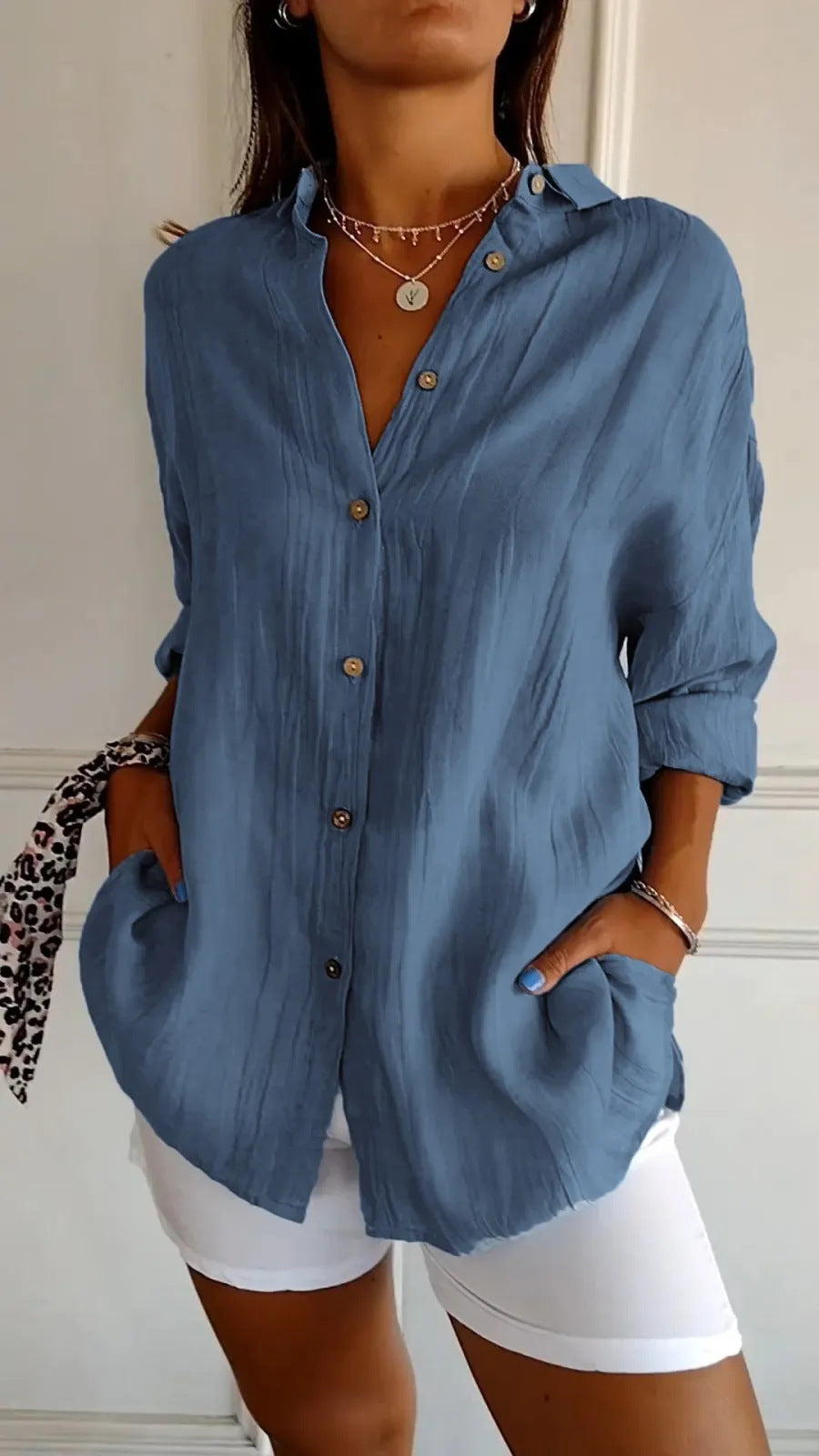Women's Oversized Lapel Button-Down Shirt with Pleated Back