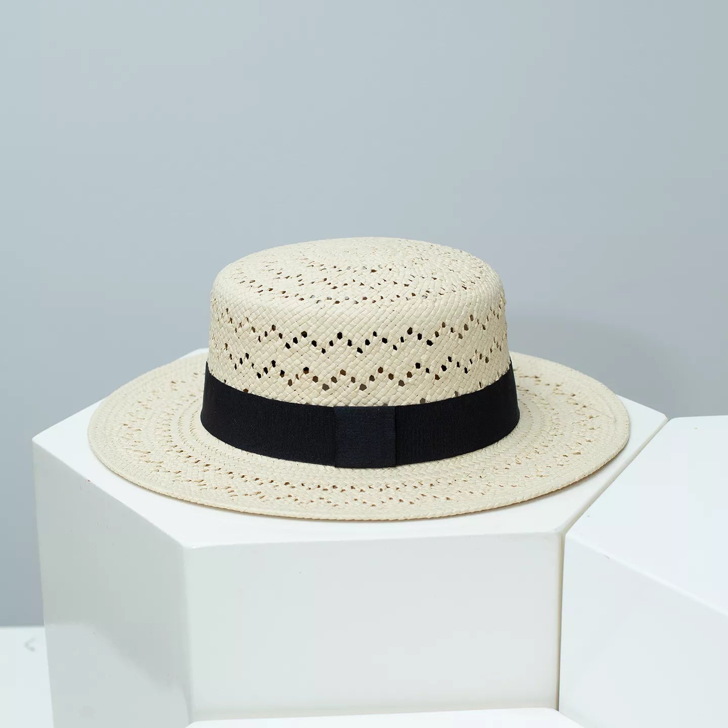 Woven Straw Boater Hat with Ribbon