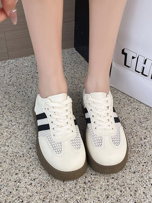 Ivory Mesh & PU Leather Lace Up Platform Sneakers