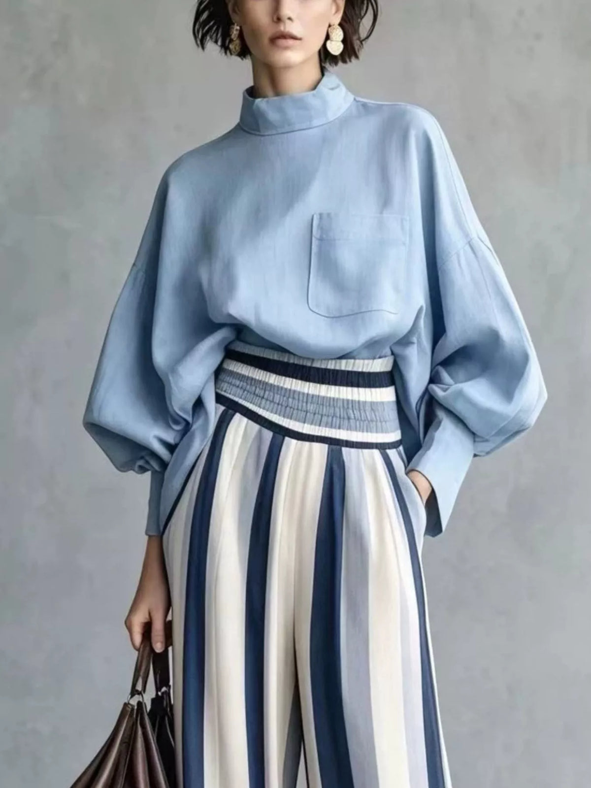 Full Size Mock Neck Top and Striped Wide-Leg Pants Set Plus Size