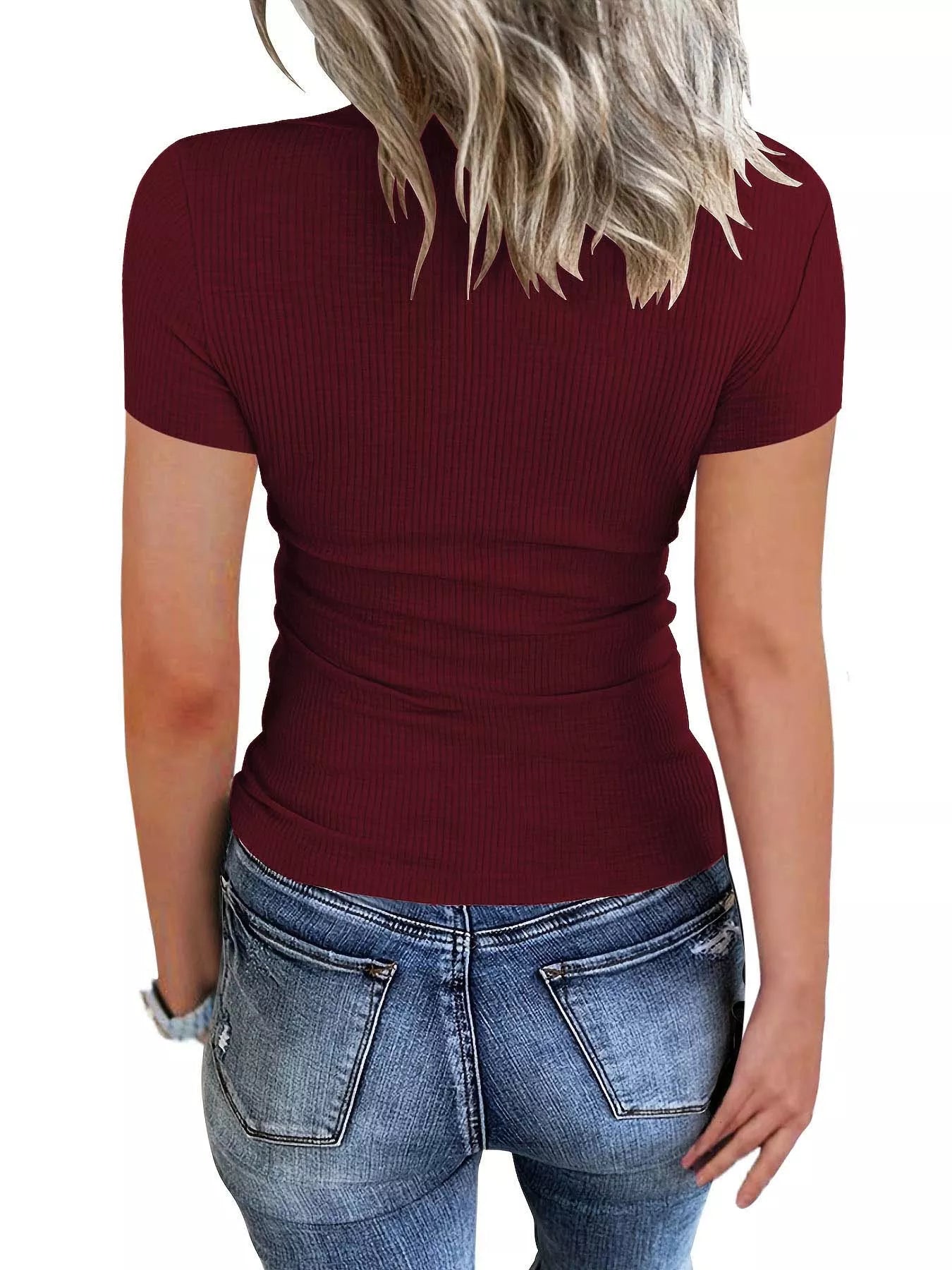 Ribbed Knit T-Shirt with Button Detail