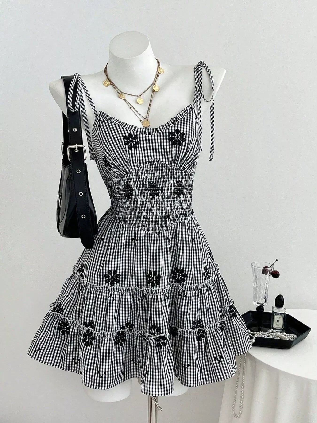 Gingham Floral Tiered Mini Dress