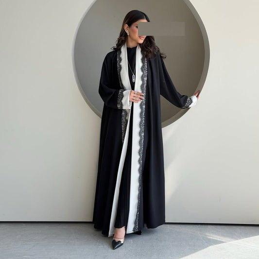 Black & White Lace Trim Open Abaya(MOA311)