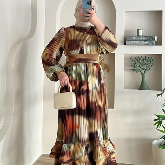 Bohemian Earth-Tone Maxi Dress Long Sleeve Crew Neck Pleated Dress (MA237)