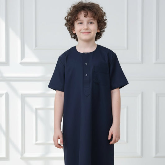 Boys Navy Short Sleeve Thobe with Chest Pocket (MKB022)