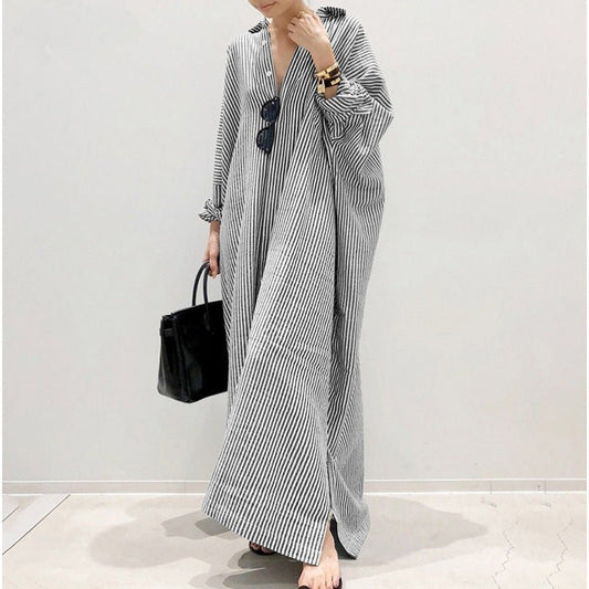 Breathable Stripe Print Loose Fit V-Neck Batwing Sleeve Abaya Dress  Maxi Dress with Side Pockets (MA232)