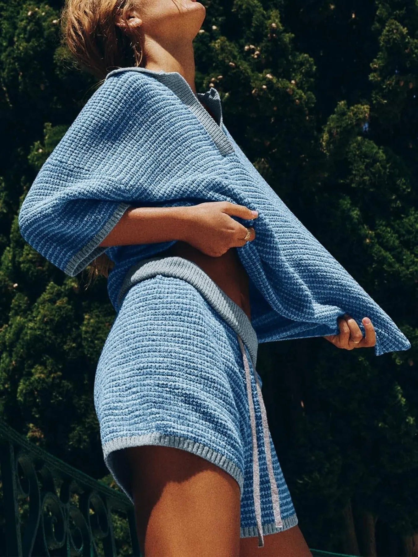 Collared Neck Contrast Striped Top and Shorts Sweater Set