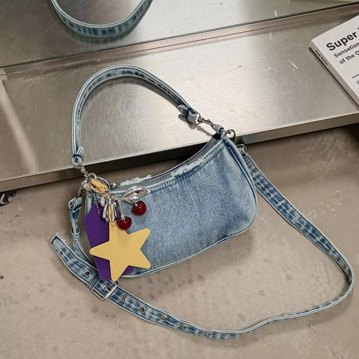 Star Charm Denim Shoulder Bag