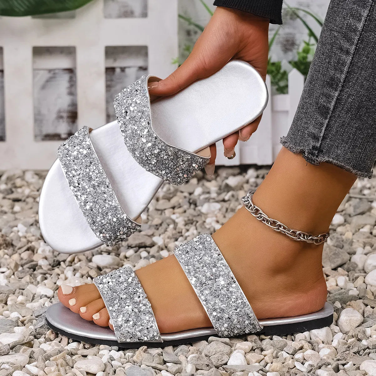 Sequin Open Toe Flats Sandals