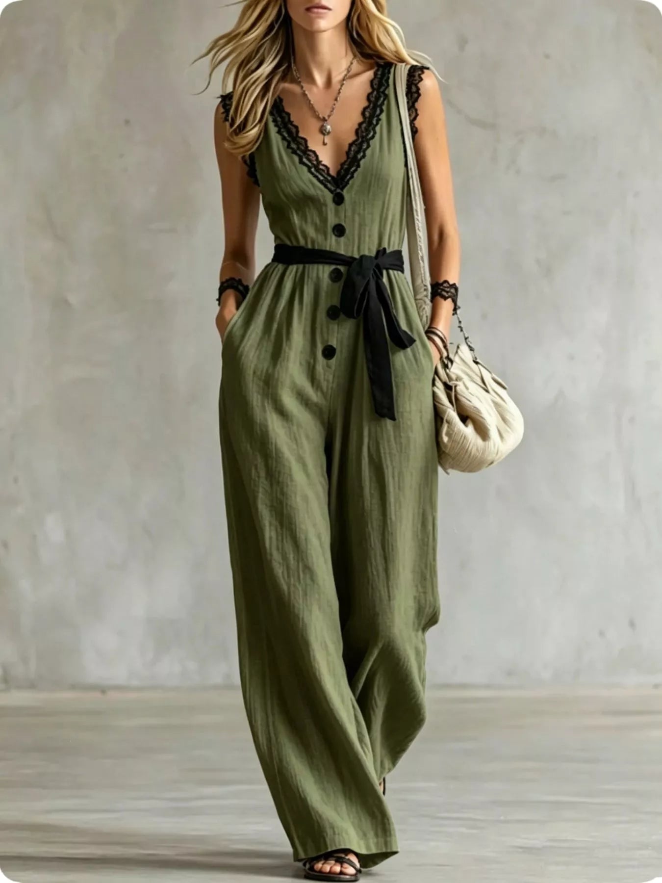 Lace Detail V-Neck Sleeveless Jumpsuit