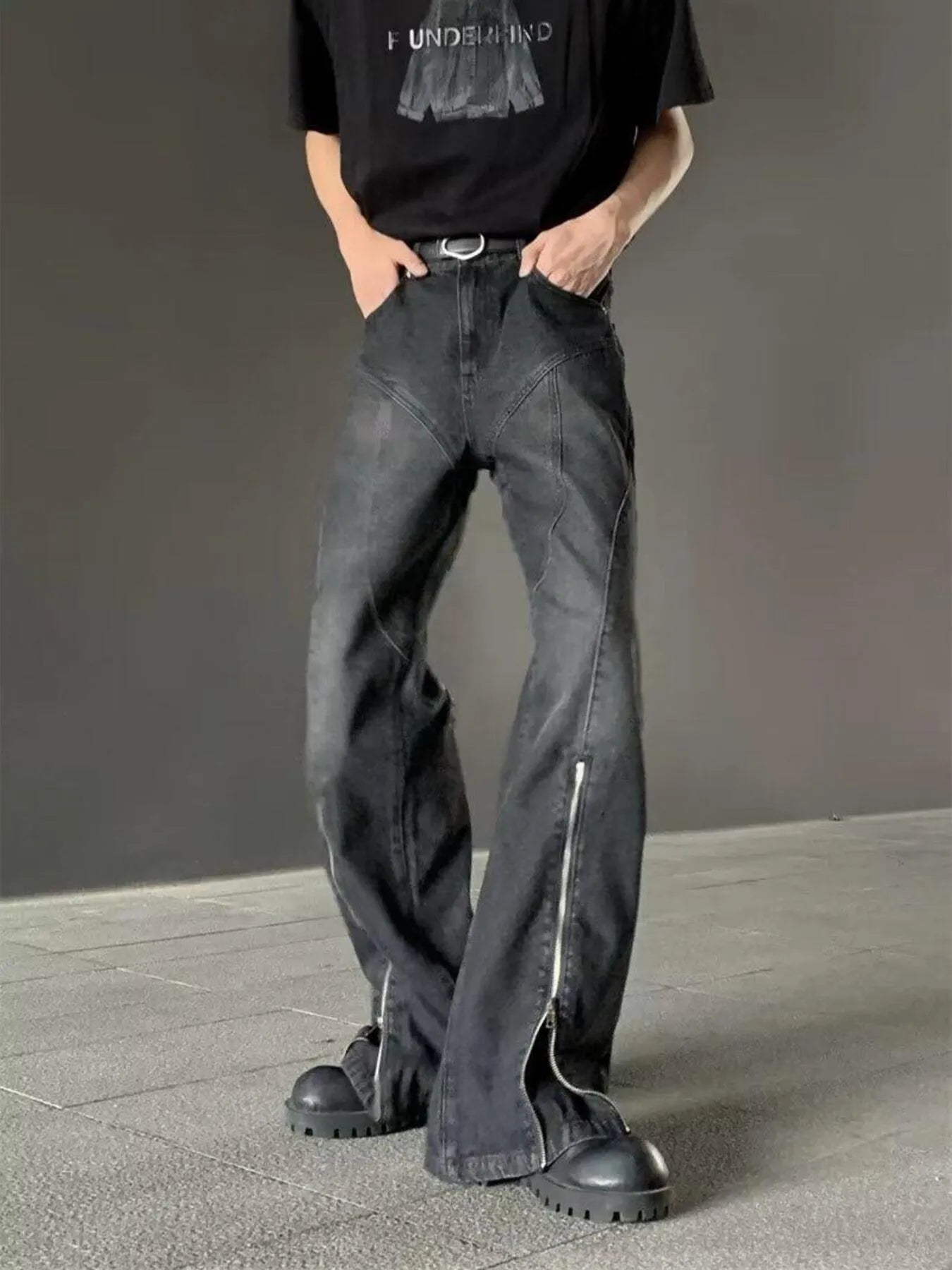 Men's Plus Size Washed Flare Jeans with Zipper Detail