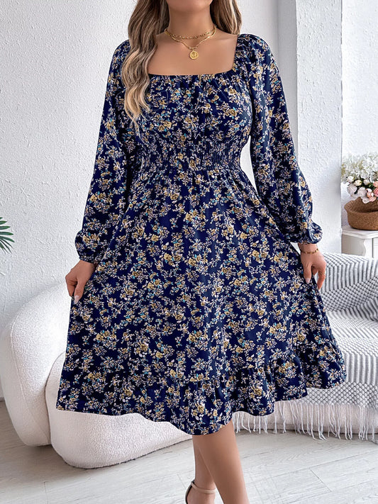 Floral Print Long Sleeve Square Neck Midi Dress