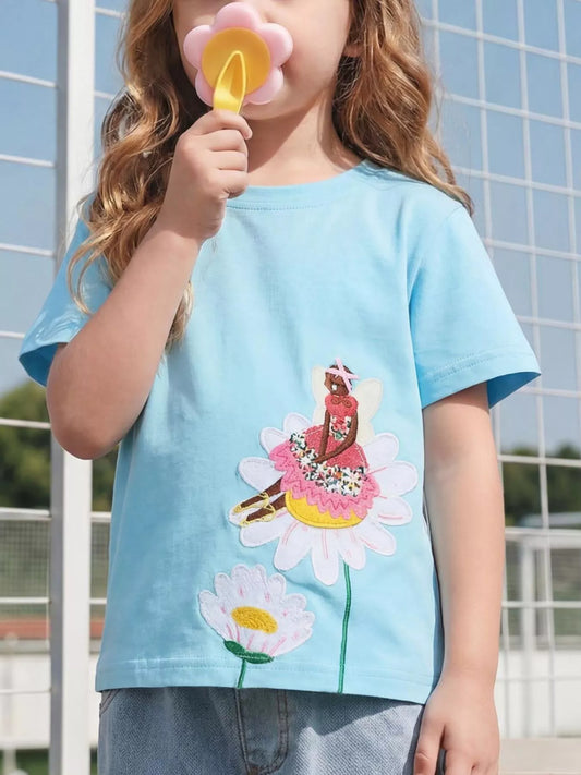 Children's Fairy and Flower Embroidered Short Sleeve T-Shirt