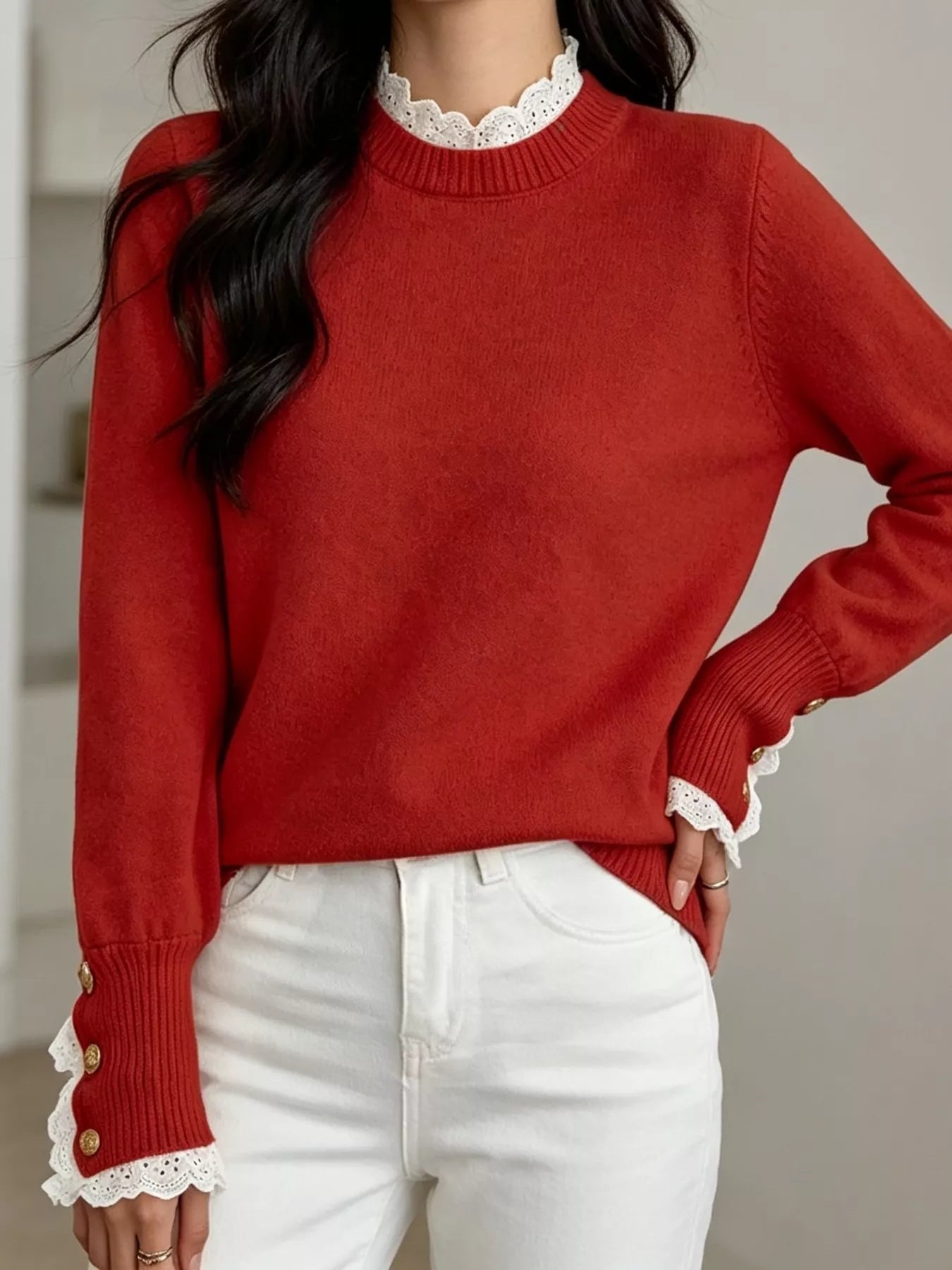 Lace Trim Mock Neck Sweater