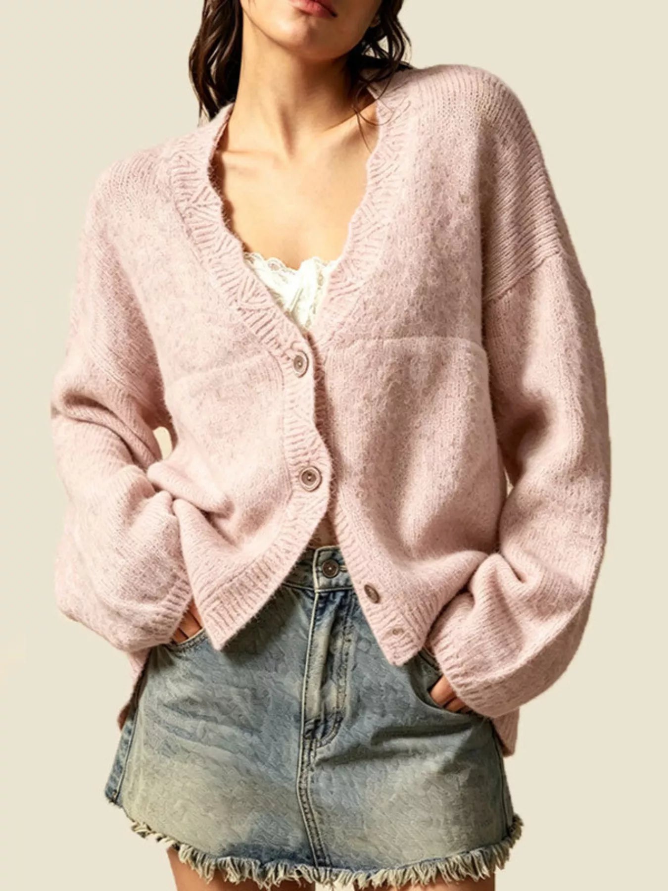 V-Neck Button-Down Knit Cardigan