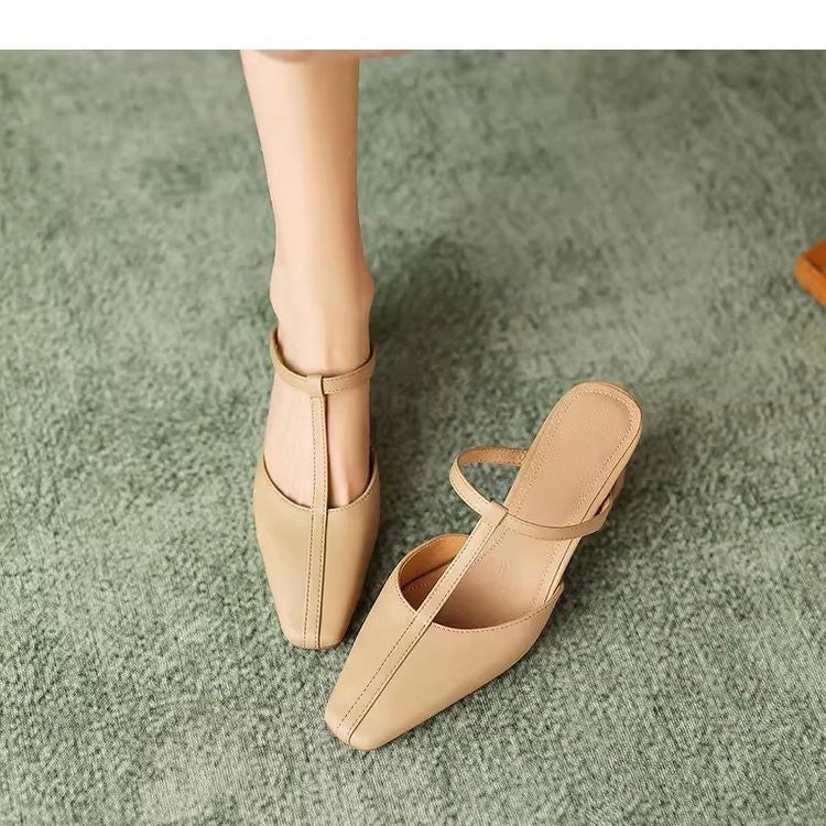 Women's French Vintage Square Toe Block Heel Mule Sandals – T-Strap