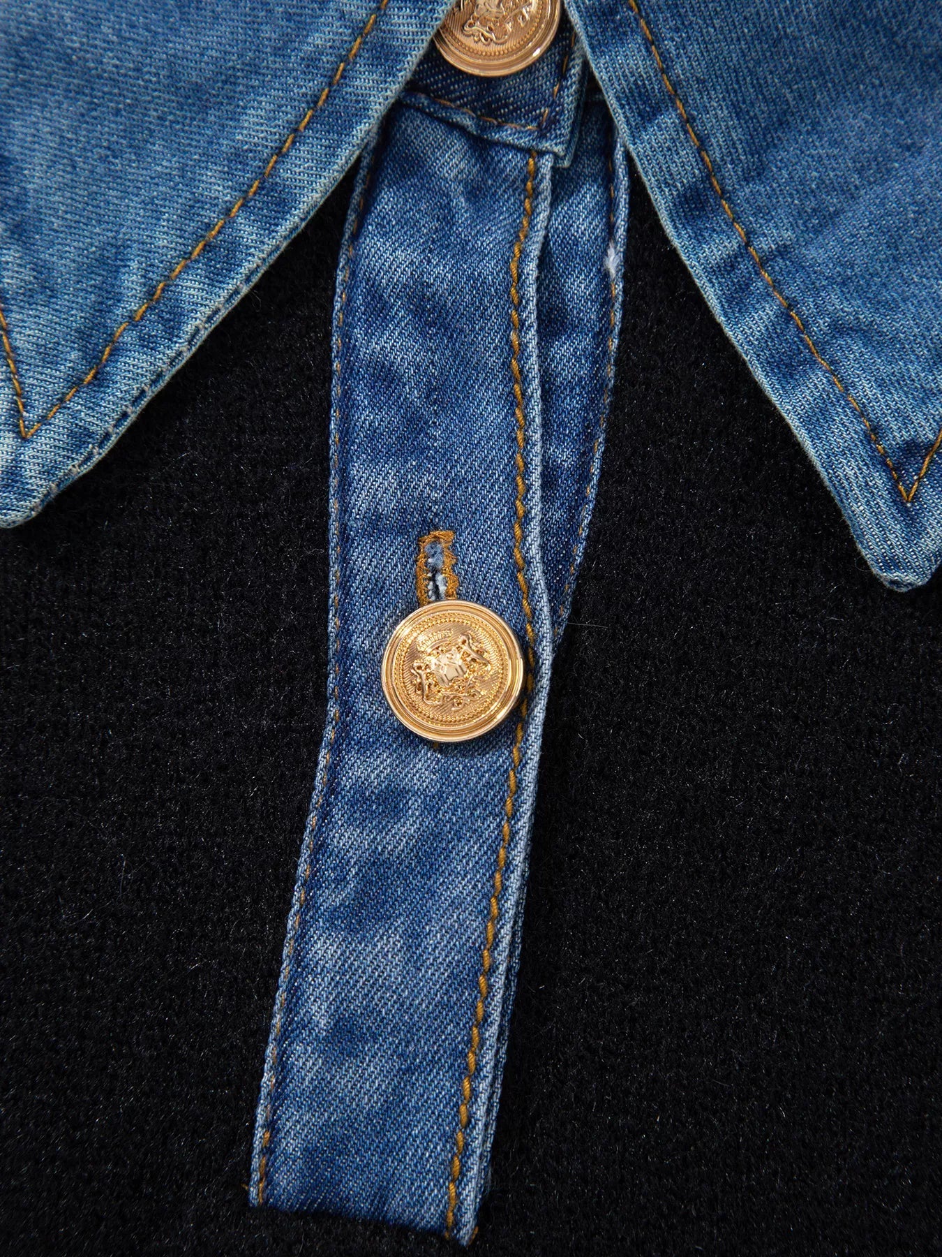Denim Patchwork Collar Cuffed Casual Sweater