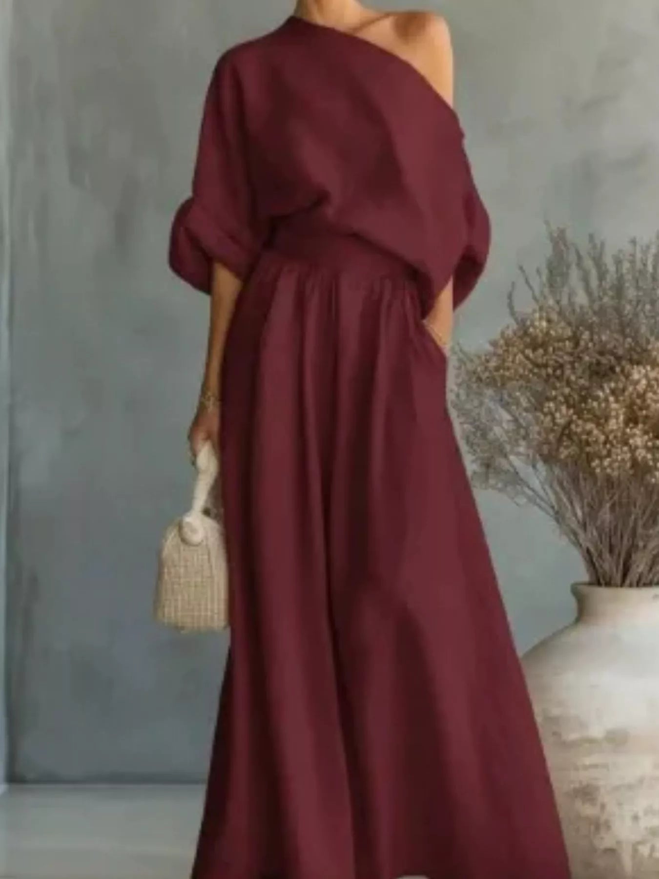Full Size One Shoulder Top and Wide Leg Pants Set Plus Size