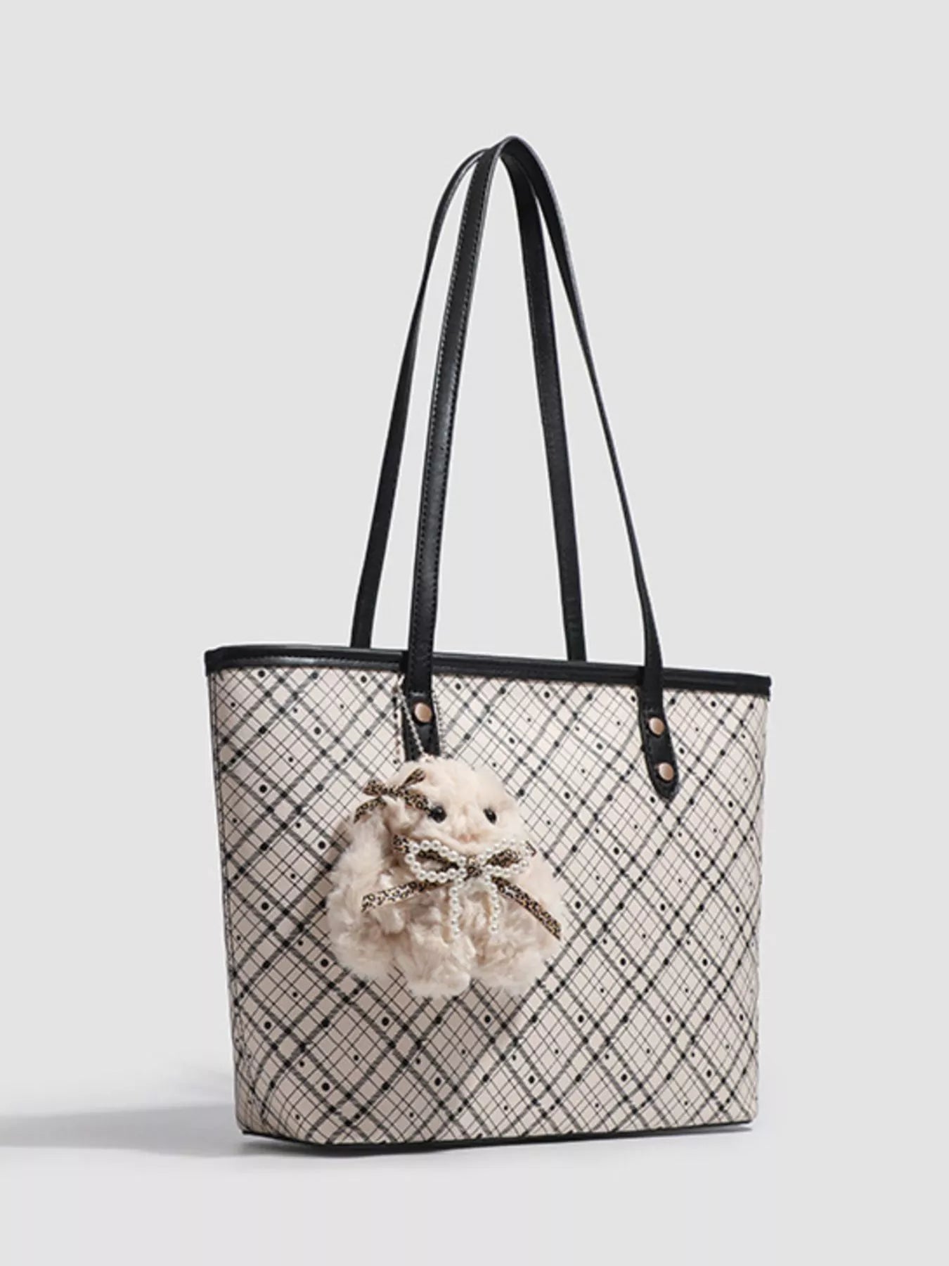 Plaid Tote Bag with Plush Charm