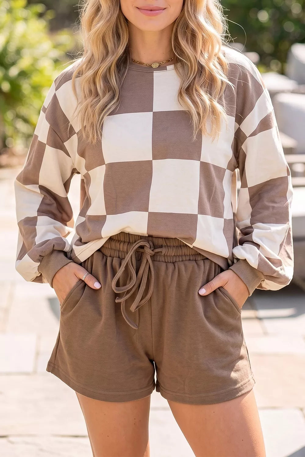 Checkerboard Plaid Long Sleeve Solid Color Shorts 2pcs Set