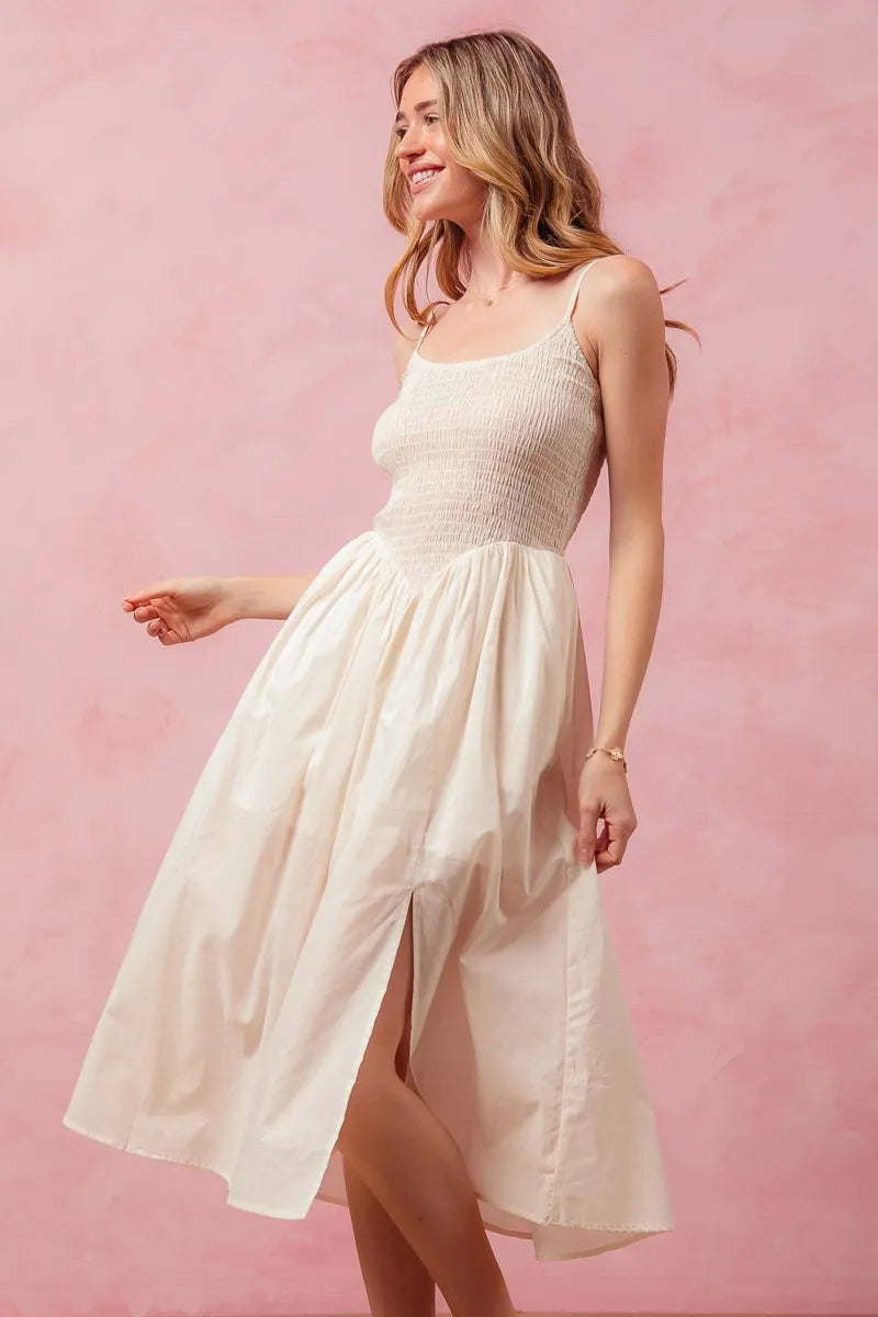 SO ME Smocked Sleeveless Casual Everyday Dress With Slit