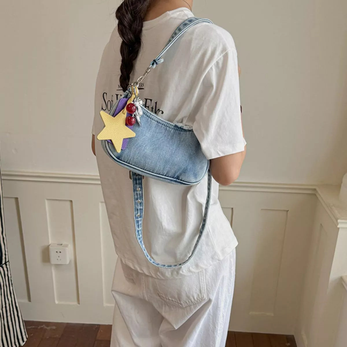 Star Charm Denim Shoulder Bag