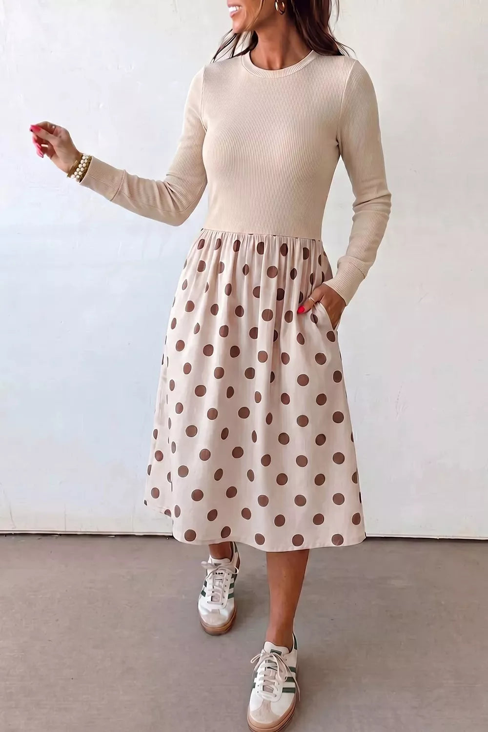 Polka Dot Midi Long Sleeve Dress