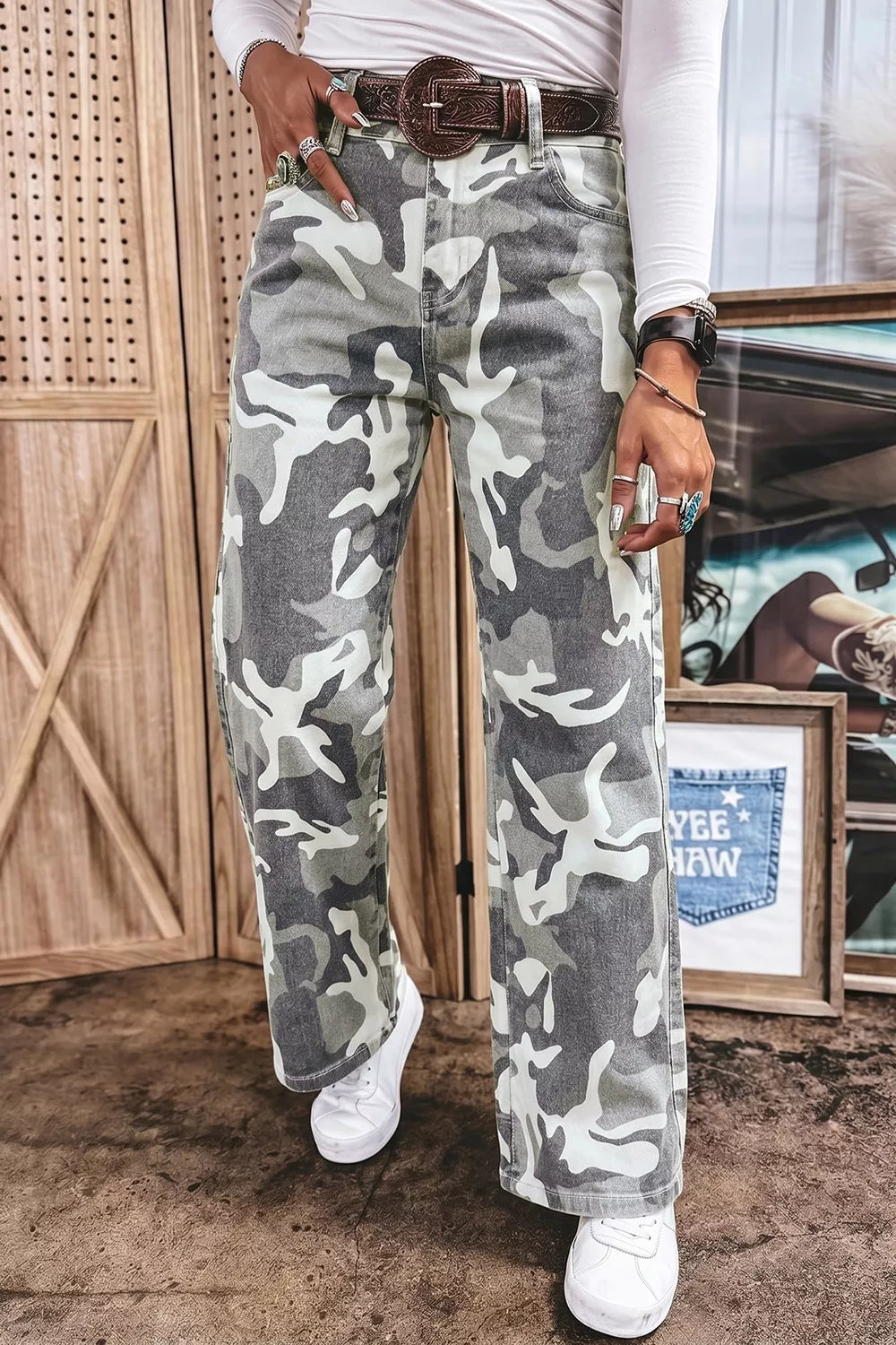 Camo Pattern Cotton Denim Shift Jeans