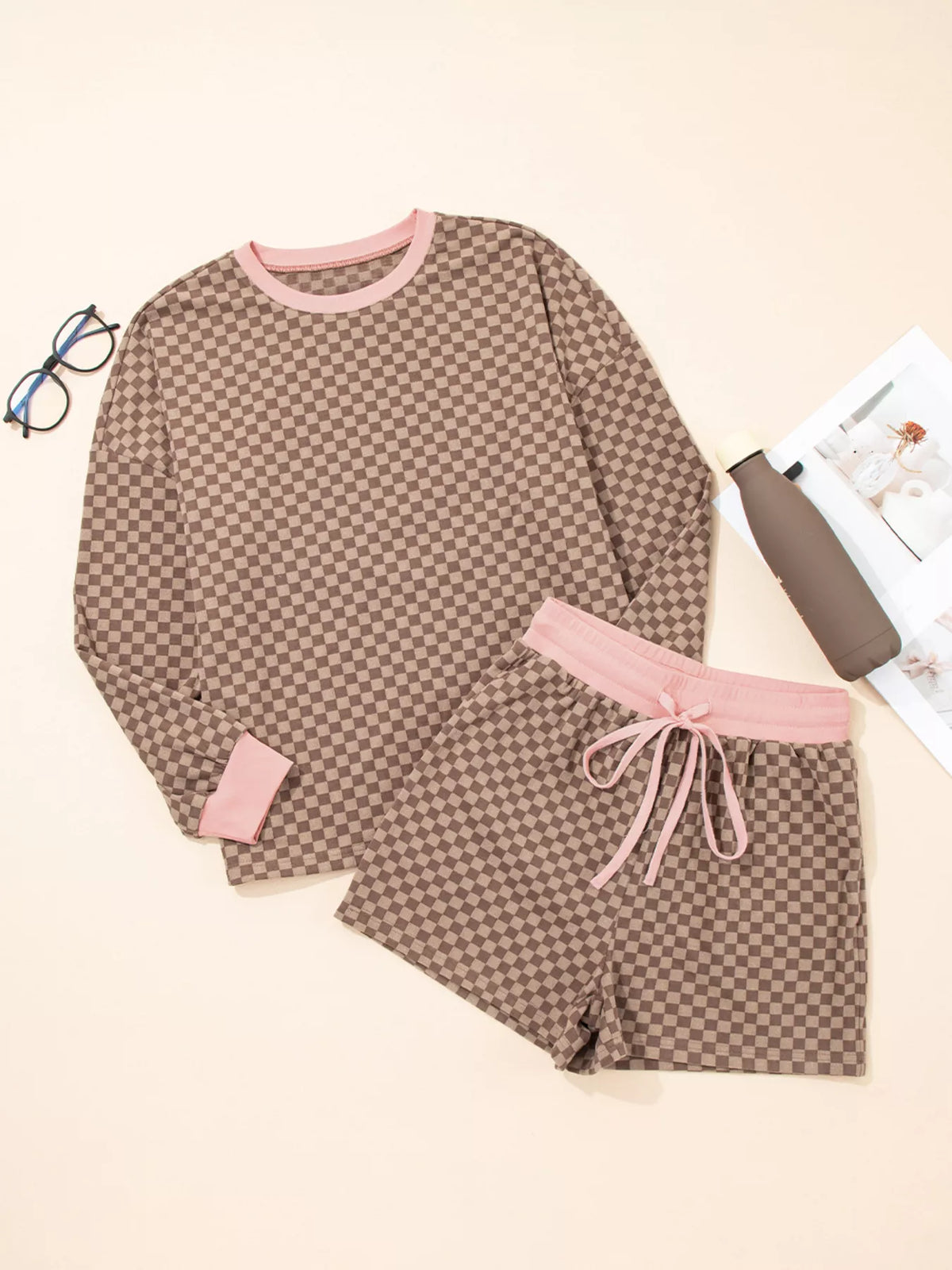 Checkerboard Long Sleeve Pullover and Shorts Set