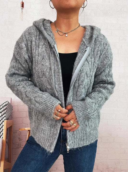 Cable Knit Hooded Zip-Up Cardigan